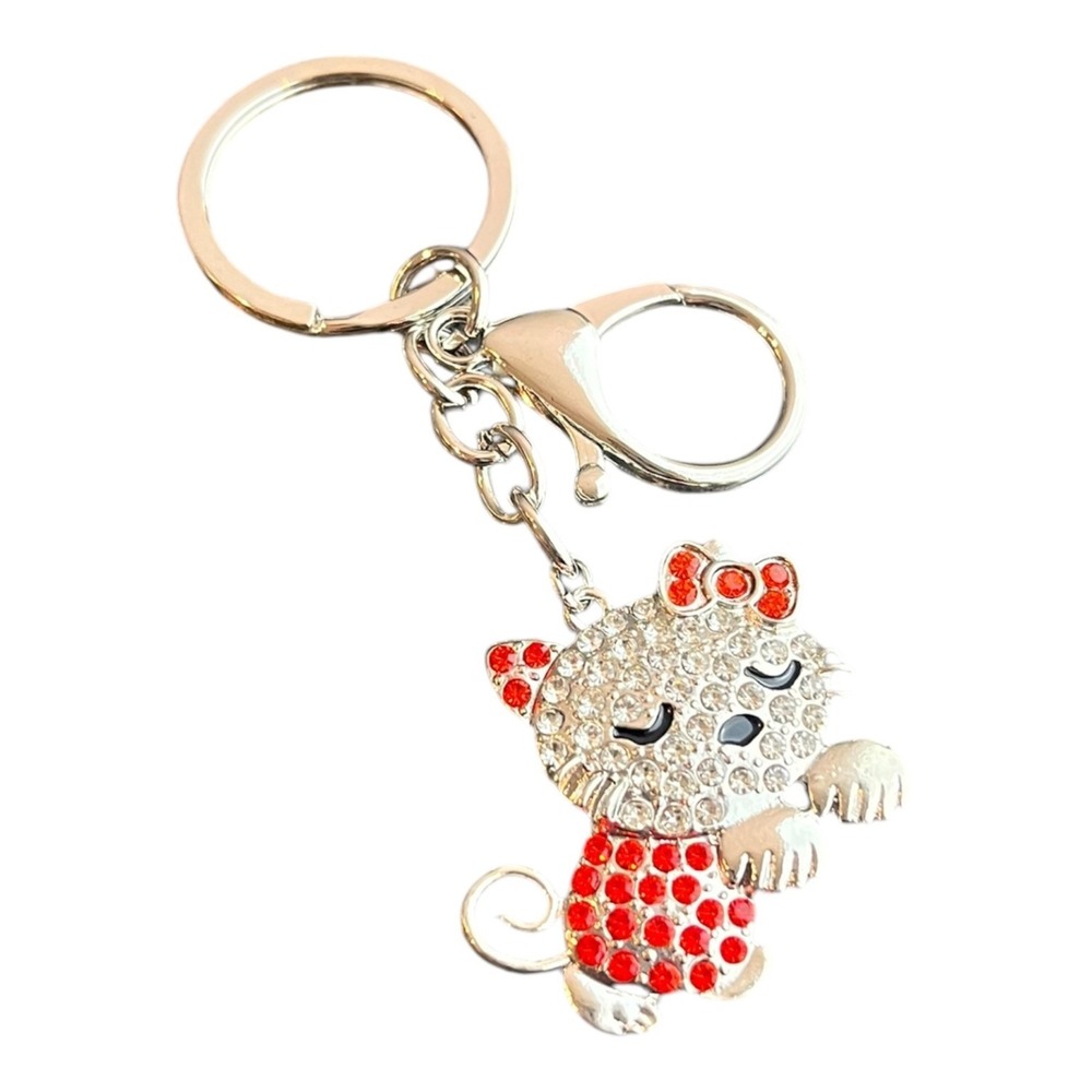 Women's Silver Red White Rhinestone Cat Key Chain Charm Bling 4"